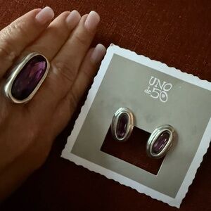 Uno de 50 Amethyst Swarovski Crystal Silver Statement Ring & Matching Earrings